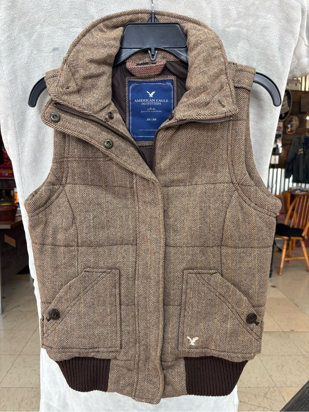 American Eagle Outfitters Brown Herringbone Puffer Vest